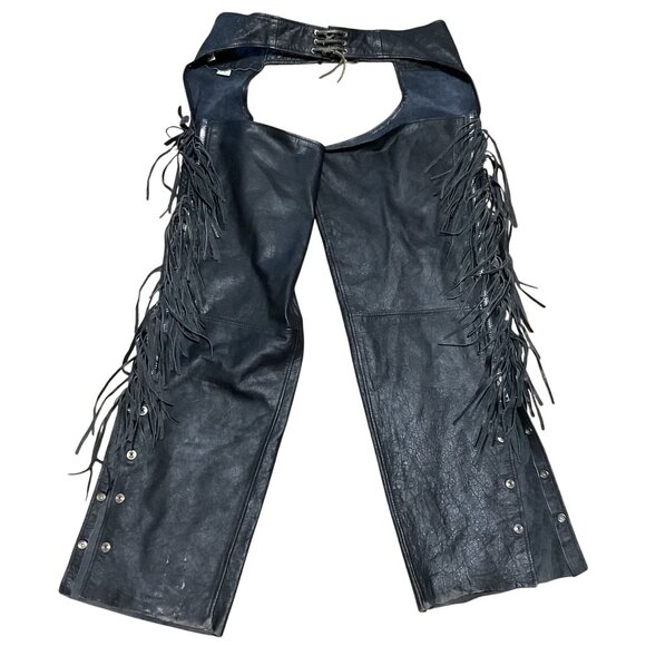 Black Fringe Leather Motorcycle Chaps Sz 3XL Adjustable Waist Unisex Distressed - Picture 1 of 8